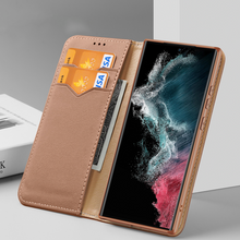 Заредете изображение във визуализатора на галерията – Dux Ducis Hivo Case for Samsung Galaxy S23 Ultra Flip Cover Wallet Stand RFID Blocking Brown
