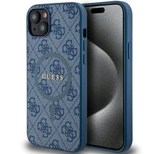 Заредете изображение във визуализатора на галерията – Original faceplate case GUESS GUHMP15MG4GFRB for iPhone 15 Plus (Magsafe / 4G Ring classic logo / blue)
