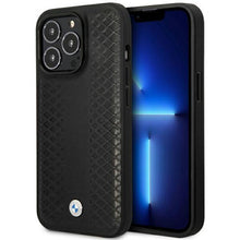 Заредете изображение във визуализатора на галерията – Case BMW BMHMP14L22RFGK iPhone 14 Pro 6.1" black/black Leather Diamond Pattern MagSafe
