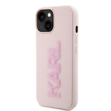 Заредете изображение във визуализатора на галерията – Original faceplate case KARL LAGERFELD KLHCP15M3DMBKCP for iPhone 15 PLUS (3D Logo Glitter  / pink)
