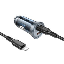 Заредете изображение във визуализатора на галерията – Borofone Car charger BZ26B Discovery - 2xType C - PD 45W 3A with Type C to Lightning cable transparent-blue
