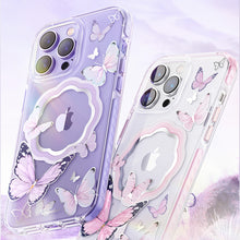 Заредете изображение във визуализатора на галерията – Kingxbar Butterfly Series magnetic case for iPhone 14 Pro MagSafe case with butterflies blue
