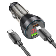 Заредете изображение във визуализатора на галерията – HOCO car charger USB QC 18W + Type C 30W with digital display + cable Type C to Type C PD48W NZ12B transparent black
