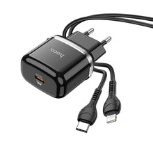 Заредете изображение във визуализатора на галерията – Hoco charger type c pd20w fast charge victorious with cable for iphone lightning 8-pin n24 black
