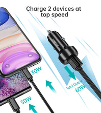 Заредете изображение във визуализатора на галерията – Choetech TC0014 USB-C USB-A PD 60W car charger with LED backlight - black
