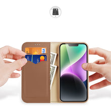 Заредете изображение във визуализатора на галерията – Dux Ducis Hivo RFID blocking wallet case for iPhone 15 - brown
