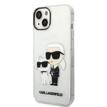 Заредете изображение във визуализатора на галерията – Original Pouch KARL LAGERFELD Gliter Karl&amp;Choupette KLHCP14SHNKCTGT for Iphone 14 transparent
