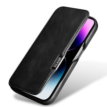 Заредете изображение във визуализатора на галерията – MagSafe Compatible Leather Flip Case for iPhone 15 Pro iCarer Curved Edge Oil Wax Real Leather Folio Case - Black
