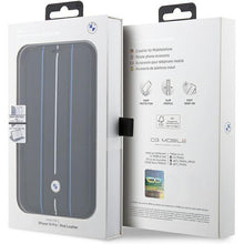 Заредете изображение във визуализатора на галерията – Case BMW BMBKP14X22RVSK iPhone 14 Pro Max 6.7" black/black bookcase Leather Stamp Blue Lines
