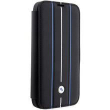 Заредете изображение във визуализатора на галерията – Case BMW BMBKP14X22RVSK iPhone 14 Pro Max 6.7" black/black bookcase Leather Stamp Blue Lines
