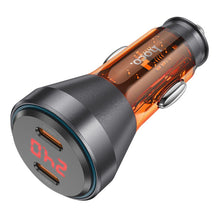 Заредете изображение във визуализатора на галерията – HOCO car charger 2 x Type C 30W with digital display PD60W NZ12C transparent orange
