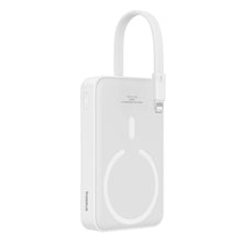 Заредете изображение във визуализатора на галерията – Baseus Magnetic Mini MagSafe 10000mAh 20W powerbank with built-in Lightning cable - white + Baseus Simple Series USB-C - USB-C 60W 0.3m cable
