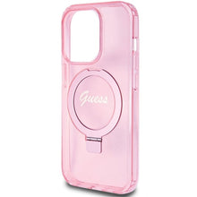 Заредете изображение във визуализатора на галерията – Original faceplate case GUESS GUHMP15LHRSGSP for iPhone 15 Pro (Magsafe / Glitter Script Logo / Ring stand / pink)
