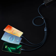Заредете изображение във визуализатора на галерията – Baseus Flash Series Ⅱ 3in1 cable with fast charging USB-A to USB-C / Micro-USB / Lightning 66W 480Mb/s 1.2m blue
