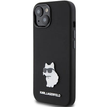 Заредете изображение във визуализатора на галерията – Karl Lagerfeld Silicone Choupette Metal Pin case for iPhone 15 - black
