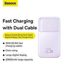 Заредете изображение във визуализатора на галерията – Baseus Comet Series powerbank with display 20000mAh 22.5W - purple + USB-A - USB-C 0.3m cable - white
