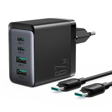 Заредете изображение във визуализатора на галерията – Joyroom charger GaN 67W 4 ports (2x USB, 2x USB C) black (TCG02) + cable USB C - USB C 100W 1.2m
