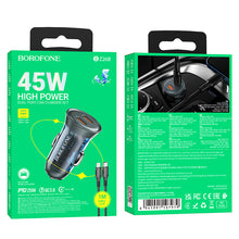 Заредете изображение във визуализатора на галерията – Borofone Car charger BZ26B Discovery - 2xType C - PD 45W 3A with Type C to Lightning cable transparent-blue
