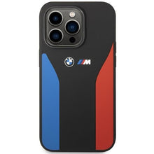 Заредете изображение във визуализатора на галерията – Case BMW BMHCP14L22SCSK iPhone 14 Pro 6.1" black/black Silicone Blue&amp;Red Stripes M Collection
