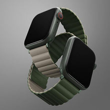Заредете изображение във визуализатора на галерията – Uniq band Revix Apple Watch Series 1/2/3/4/5/6/7/8/SE/SE2 38/40/41mm. Reversible Magnetic green-dark grey/green-taupe

