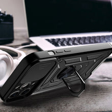 Заредете изображение във визуализатора на галерията – Hybrid Armor Camshield case for iPhone 14 Pro Max armored case with camera cover black
