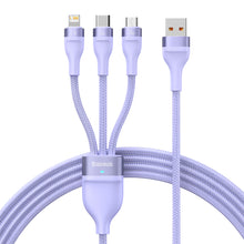 Заредете изображение във визуализатора на галерията – Baseus Flash Series Ⅱ 3in1 Cable with Fast Charging USB-A to USB-C / Micro-USB / Lightning 66W 480Mb/s 1.2m Purple

