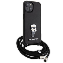 Заредете изображение във визуализатора на галерията – Original Pouch KARL LAGERFELD hardcase Crossbody Saffiano Monogram Metal Pin Karl&amp;Choupette KLHCP15SSASKNPSK for Iphone 15 Black
