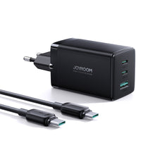 Заредете изображение във визуализатора на галерията – Joyroom fast charger GaN 65W USB, 2x USB C black + USB C cable - USB C 100W 1.2m (TCG01)
