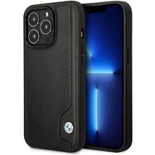 Заредете изображение във визуализатора на галерията – Case BMW BMHCP14L22RBDK iPhone 14 Pro 6.1" black/black hardcase Leather Blue Dots
