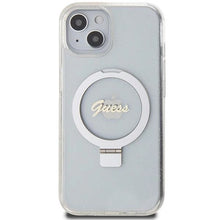 Заредете изображение във визуализатора на галерията – Guess Ring Stand Script Glitter MagSafe case for iPhone 15 / 14 / 13 - transparent
