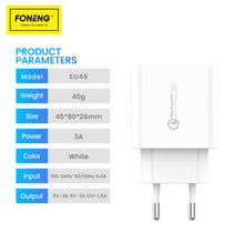 Заредете изображение във визуализатора на галерията – Foneng Wall charger EU46 - USB - 3A with USB to Micro USB cable white
