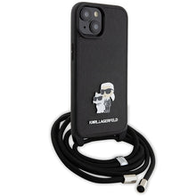 Заредете изображение във визуализатора на галерията – Original Pouch KARL LAGERFELD hardcase Crossbody Saffiano Metal Pin Karl&amp;Choupette KLHCP15SSAKCPSK for Iphone 15 Black
