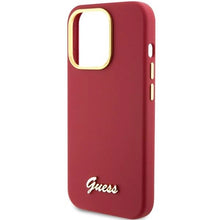 Заредете изображение във визуализатора на галерията – Guess Silicone Script Metal Logo &amp; Frame case for iPhone 15 Pro Max - red
