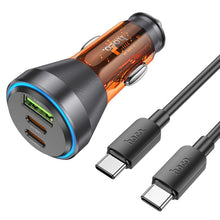 Заредете изображение във визуализатора на галерията – HOCO car charger USB QC 18W + 2 x Type C 30W + cabel Type C to Type C PD60W NZ12D transparent orange
