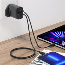 Заредете изображение във визуализатора на галерията – Joyroom fast UK wall charger USB Type C + USB 20W PD QC3.0 black (L-QP2011) + USB Type C - Lightning cable 1m (S-M006)
