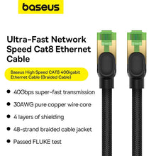 Заредете изображение във визуализатора на галерията – Baseus fast network cable RJ-45 cat.8 40Gbps 10m braided - black
