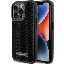 Заредете изображение във визуализатора на галерията – Karl Lagerfeld Rhinestone Logo Metal Plate case for iPhone 15 Pro - black

