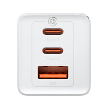Заредете изображение във визуализатора на галерията – GaN 2xUSB C 1xUSB 65W fast charger Baseus GaN5 Pro + USB C - USB C 100W cable - white
