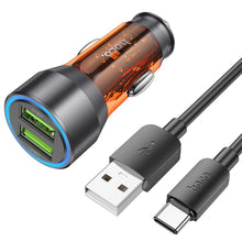Заредете изображение във визуализатора на галерията – HOCO car charger 2 x USB QC3.0 18W + cable USB to Type C NZ12 transpatent orange
