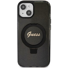 Заредете изображение във визуализатора на галерията – Original faceplate case GUESS GUHMP15MHRSGSK for iPhone 15 Plus (Magsafe / Glitter Script Logo / Ring stand / black)
