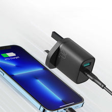 Заредете изображение във визуализатора на галерията – Joyroom fast UK wall charger USB Type C + USB 20W PD QC3.0 black (L-QP2011) + USB Type C - Lightning cable 1m (S-M006)
