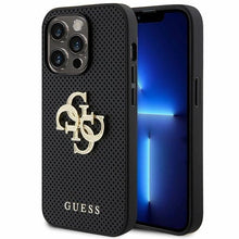 Заредете изображение във визуализатора на галерията – Guess Leather Perforated 4G Glitter Logo Case for iPhone 15 Pro Max - Black
