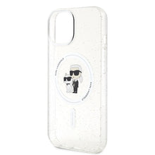 Заредете изображение във визуализатора на галерията – Original Pouch KARL LAGERFELD hardcase Karl&amp;Choupette Glitter MagSafe KLHMP15MHGKCNOT for Iphone 15 Plus transparent
