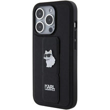 Заредете изображение във визуализатора на галерията – Karl Lagerfeld Gripstand Saffiano Choupette Pins case for iPhone 15 Pro Max - black
