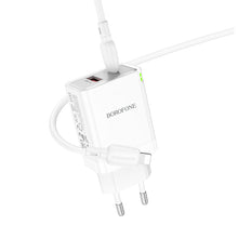 Заредете изображение във визуализатора на галерията – Borofone Wall charger BN16 Tough - USB + Type C - PD 45W 3A with Type C to Lightning cable white
