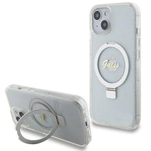 Заредете изображение във визуализатора на галерията – Guess Ring Stand Script Glitter MagSafe case for iPhone 15 / 14 / 13 - transparent
