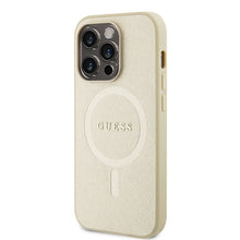 Заредете изображение във визуализатора на галерията – Original Case GUESS hardcase Saffiano MagSafe GUHMP15LPSAHMCB for Iphone 15 Pro gold

