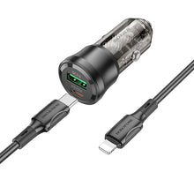 Заредете изображение във визуализатора на галерията – Borofone Car charger BZ25 Journey - USB + Type C - PD 38W 3A with Type C to Lightning cable black
