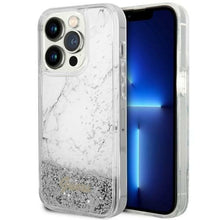 Заредете изображение във визуализатора на галерията – Original Case GUESS Liquid Glitter 4G Transculent GUHCP14XLCSGSGH for Iphone 14 Pro Max white
