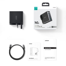 Заредете изображение във визуализатора на галерията – Fast charger GaN 140W 3 x USB-C / USB-A Joyroom JR-TCG05EU - black + USB-C cable - USB-C 240W 1.2m
